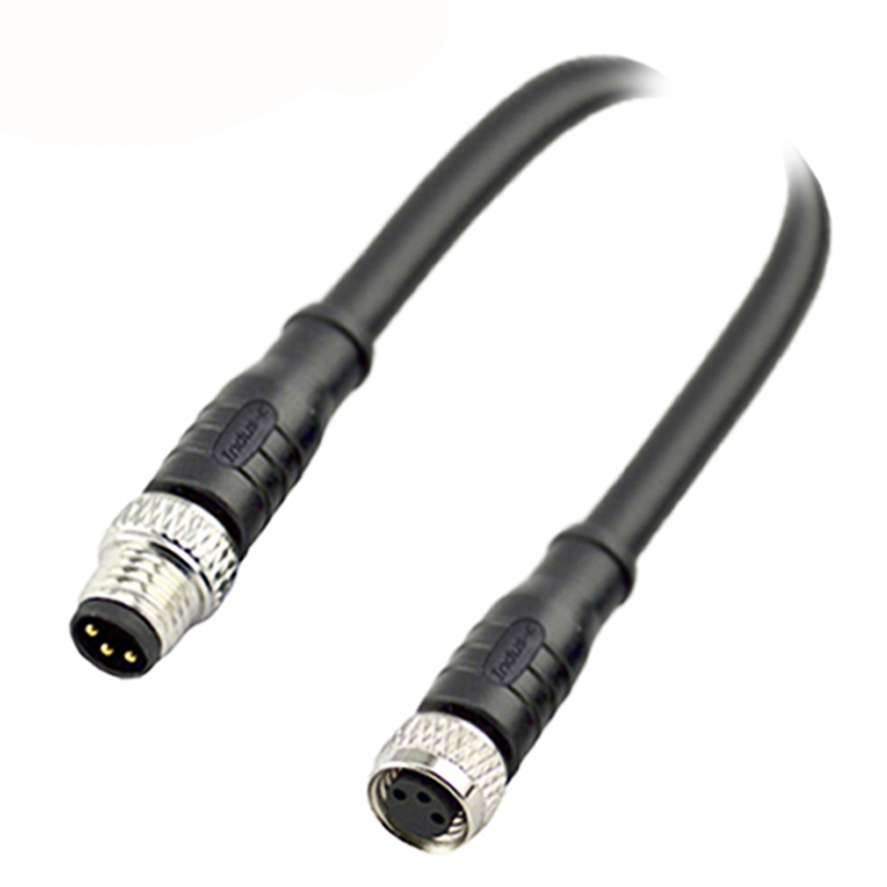 M8 3pins A code male to female straight molded cable,unshielded,PUR,-40°C~+105°C,24AWG 0.25mm²,brass with nickel plated screw